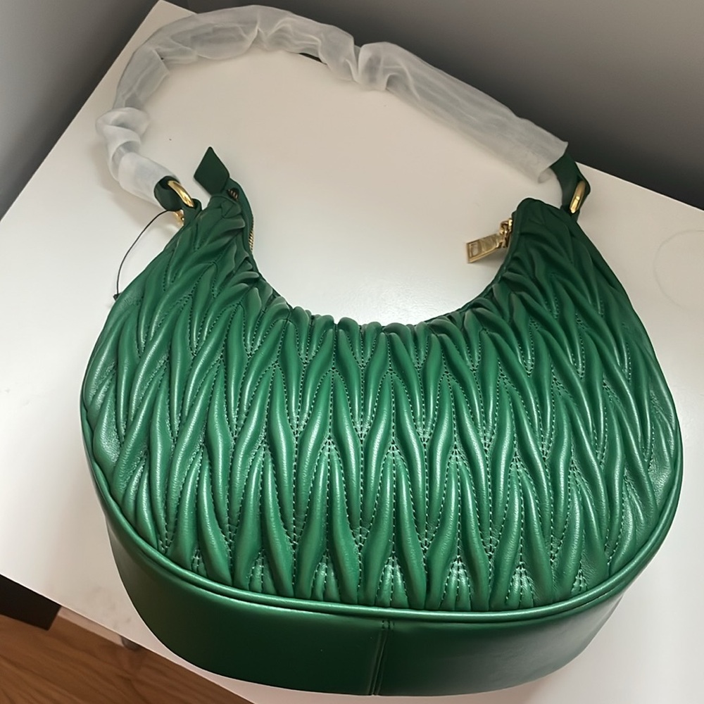 Green Quilted Italian Leather Shoulder / Crossbody Bag with Wide Strap - NWT